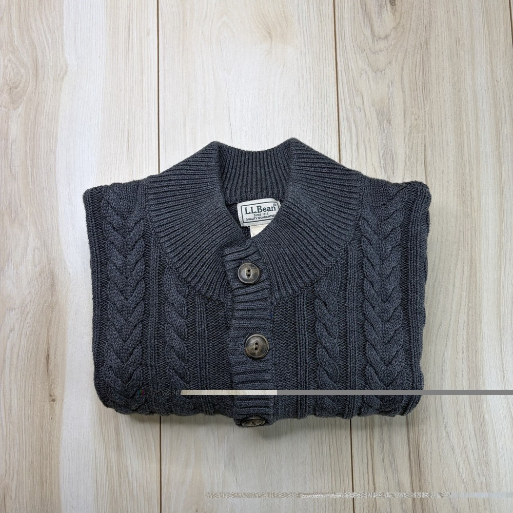 LL Bean Mens Chunky Cable Knit Fisherman Sweater Large Gray Organic Cotton